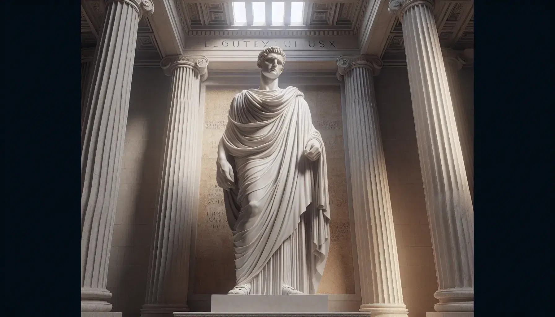 Estatua de mármol blanco de jurista romano en toga, con expresión seria, rodeada de columnas corintias y bóveda, iluminada por luz natural.