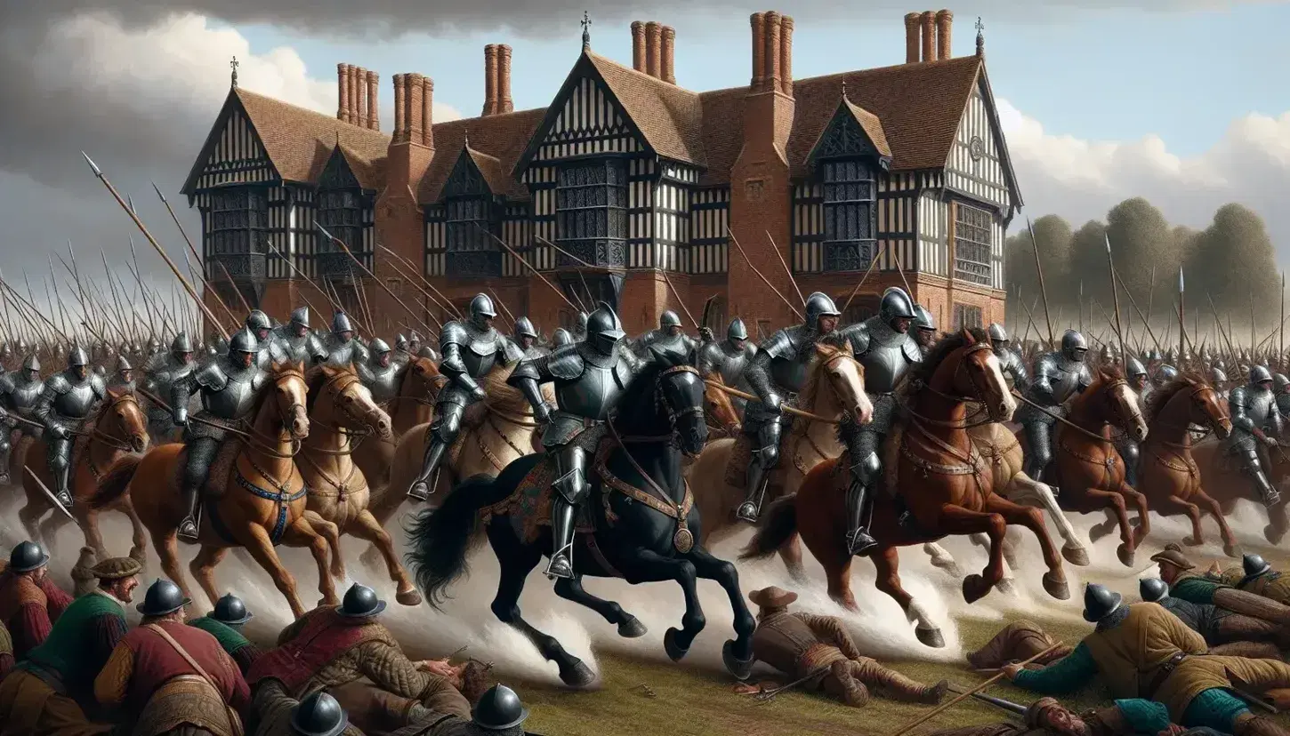 Tudor-era rebellion scene with armored horsemen charging, foot soldiers advancing, and a grand manor house in the background under a clear blue sky.