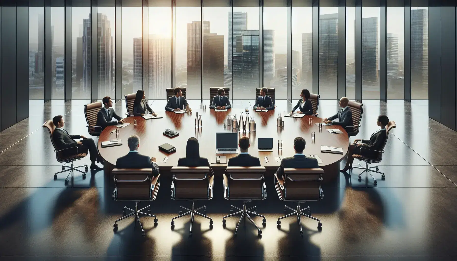 Modern corporate boardroom with a large oval table, high-back chairs, laptops, and a cityscape view through a floor-to-ceiling window at sunset.