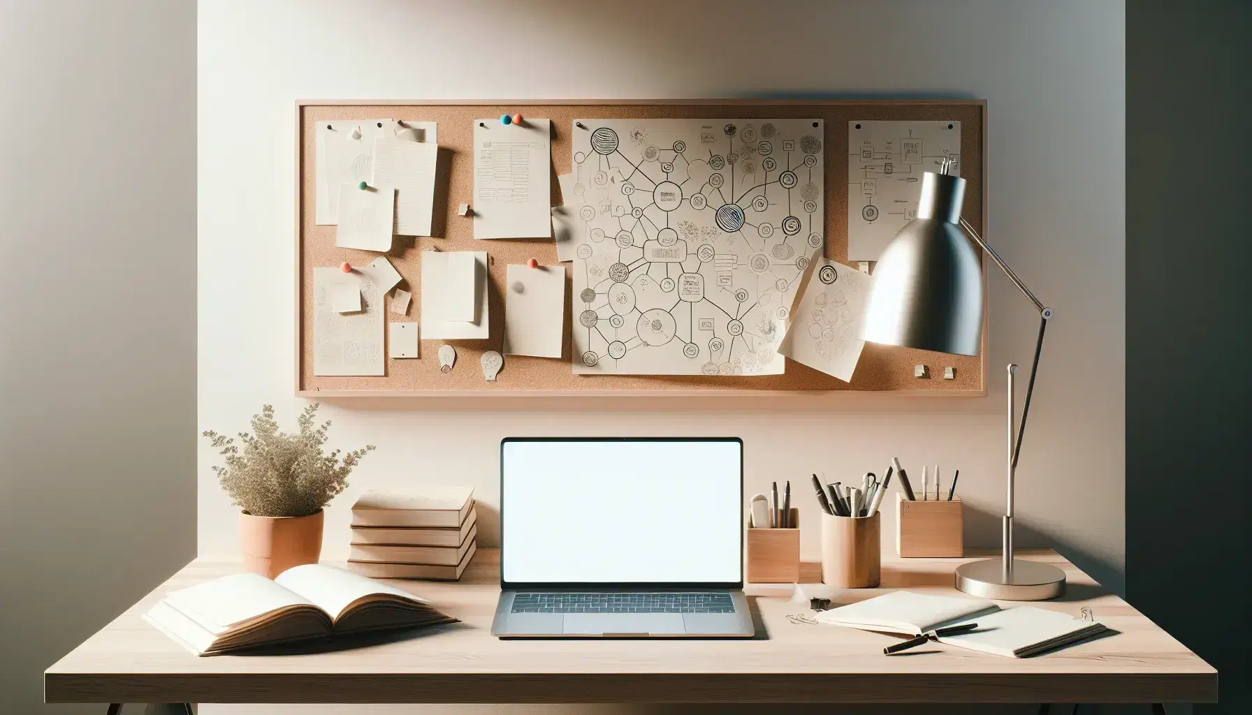 Scrivania in legno chiaro con laptop aperto, libro vuoto, fogli con disegni astratti, pianta verde e lampada accesa, su sfondo neutro.