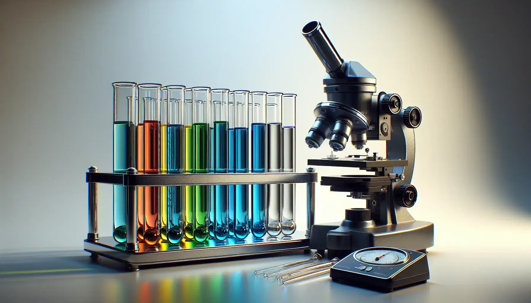 Tubos de ensayo con líquidos de colores en gradiente y microscopio en laboratorio, con balanza analítica al fondo sobre superficie blanca.