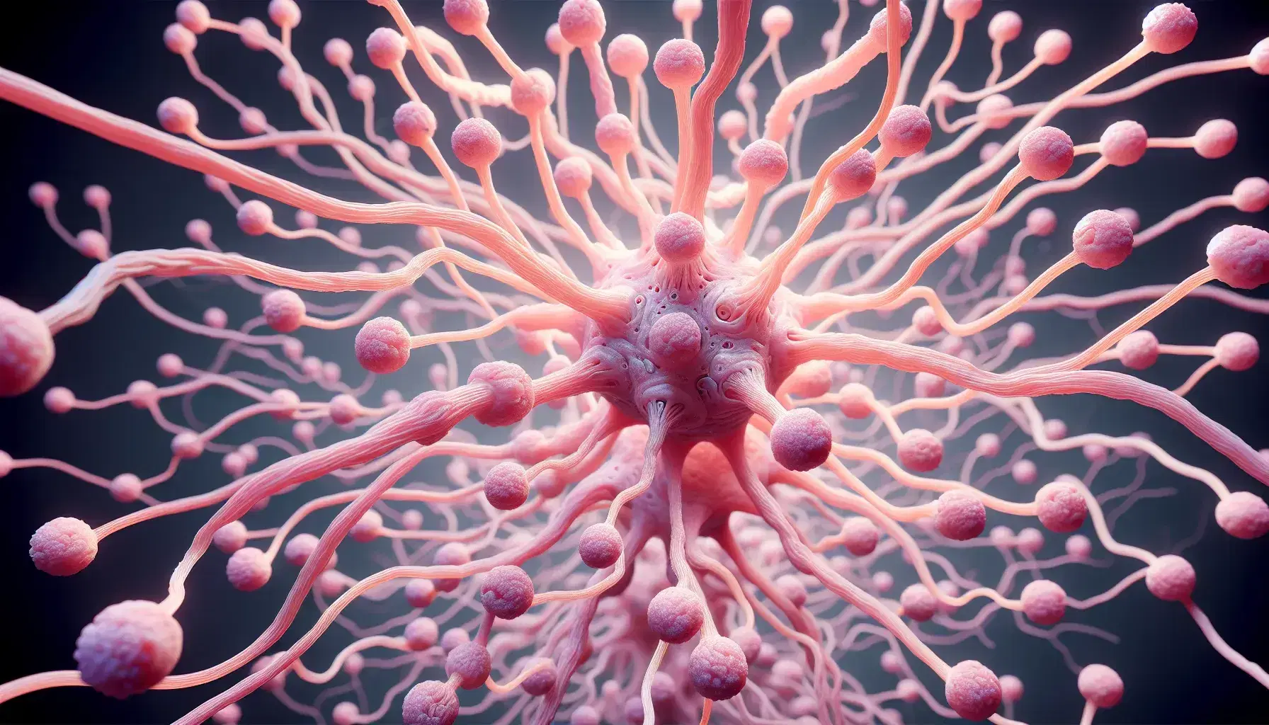 Three-dimensional neural network in the brain with interconnected neurons, dendrites and axon in shades of pink on a degrading blue background.
