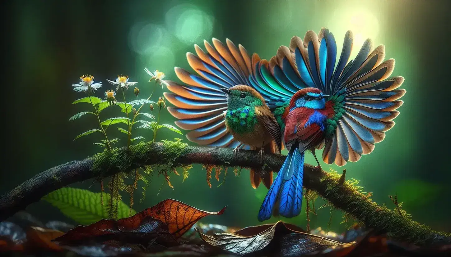 Pareja de aves en cortejo sobre rama, macho con plumaje colorido en azules, verdes y rojos, hembra en tonos marrones, fondo desenfocado de bosque.