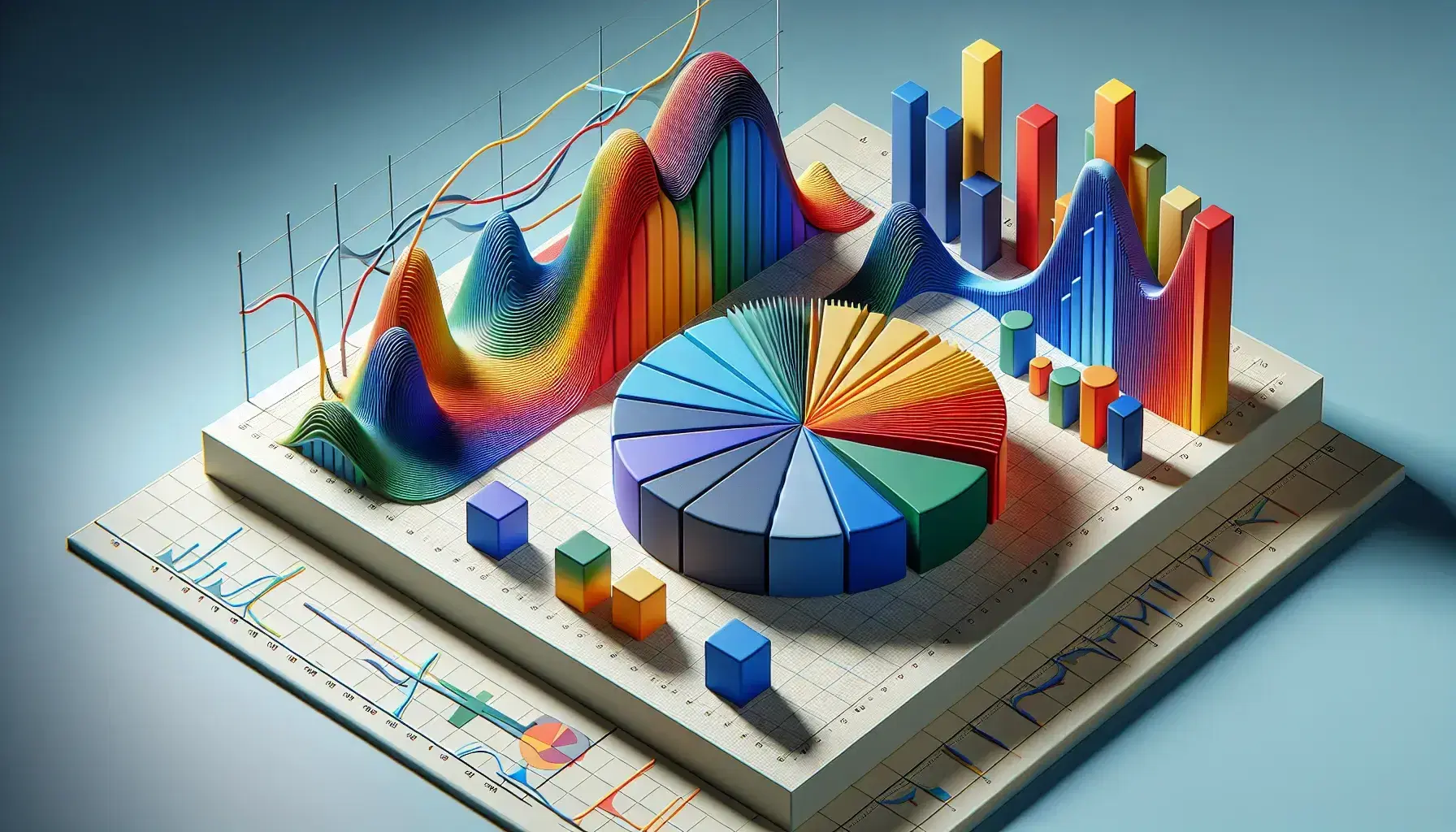 Grafici colorati 3D su superficie bianca con torta, istogramma, diagramma cartesiano, cartogramma, ortogramma e ideogramma.