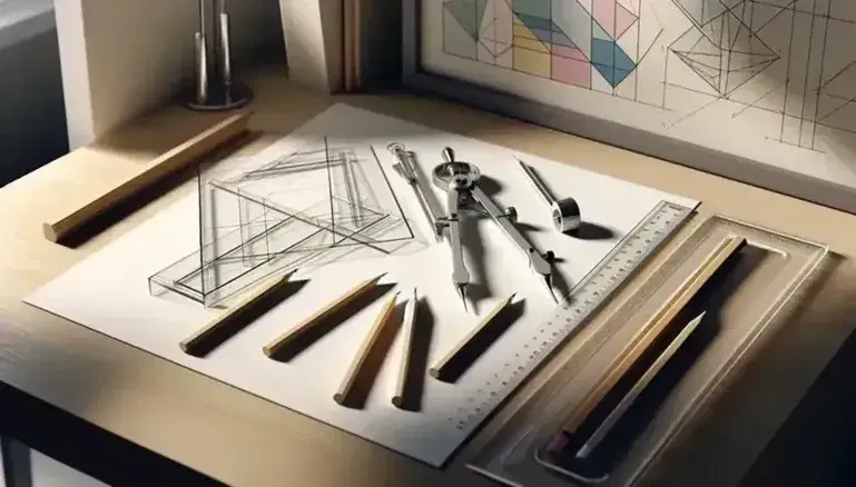 Scrivania in legno chiaro con strumenti da disegno geometrico, carta bianca con tracciati, squadra trasparente, compasso metallico e matite.