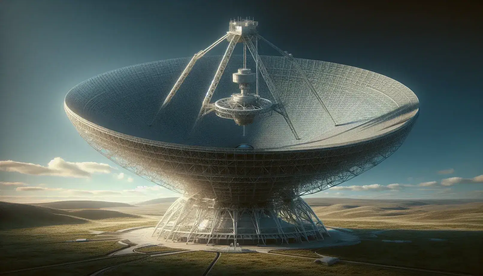 Large parabolic radio telescope dish with mesh surface and receiver system, set against a clear blue sky and green landscape, with distant buildings.
