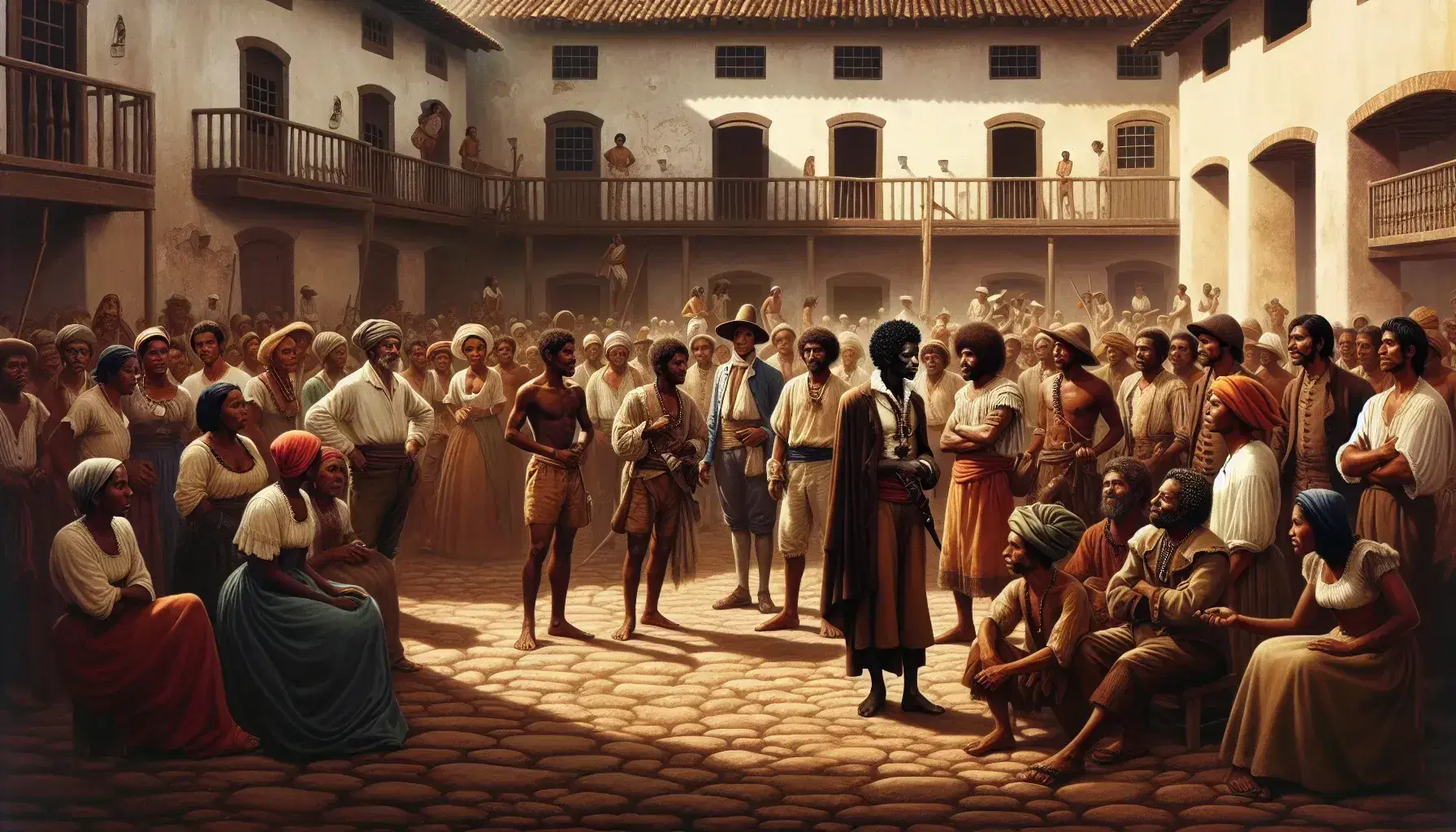 Grupo de personas con atuendos de la época colonial en un mercado de la Nueva España, destacando un hombre de piel oscura y postura líder en el centro.