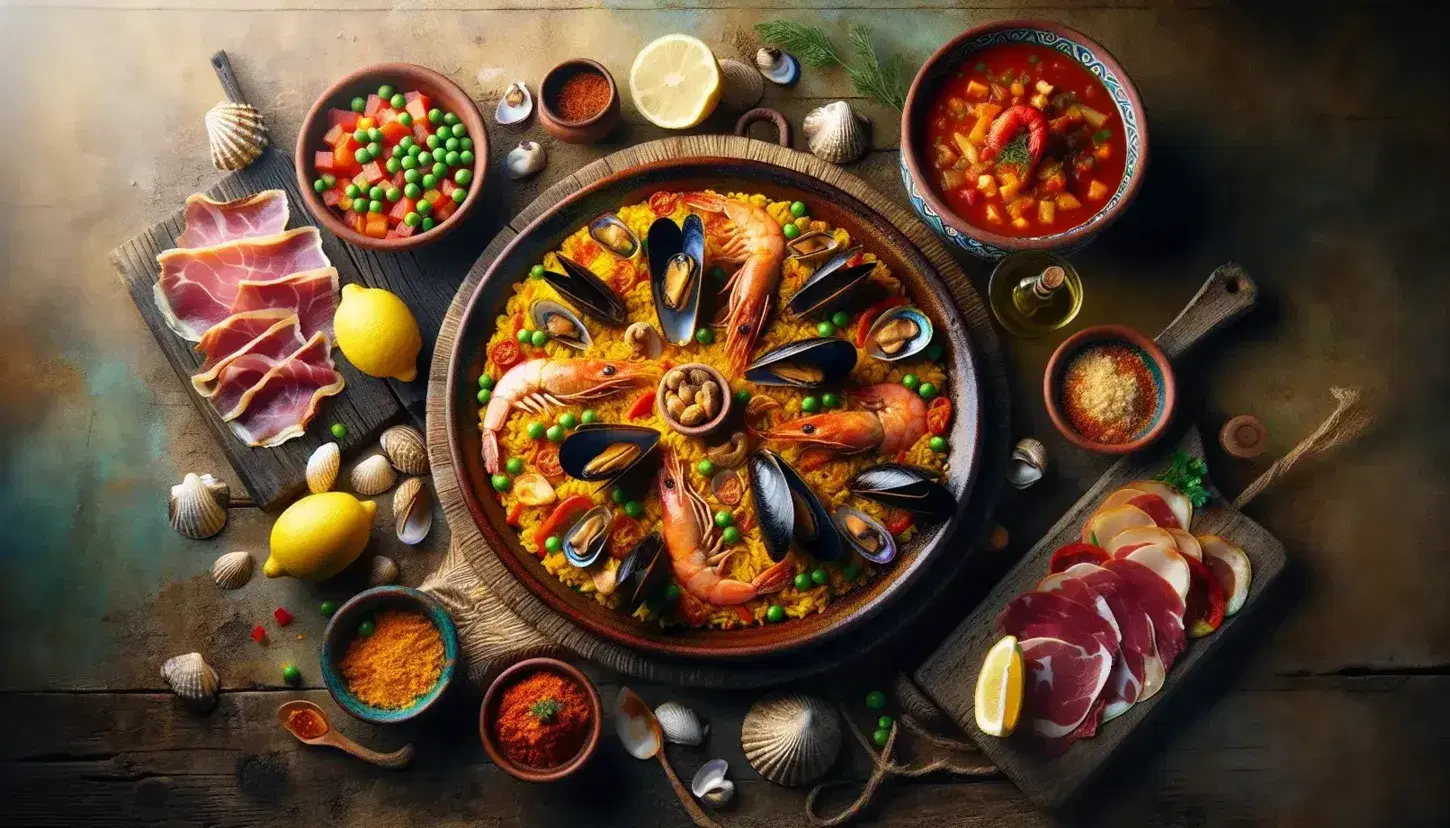 Traditional Spanish feast on a wooden table featuring saffron-infused seafood paella, gazpacho, cured meats, patatas bravas, Manchego cheese, and sangria.