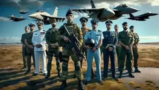 Spanish military and security forces in uniform stand in a semi-circle on a green field under a clear blue sky, showcasing inter-branch cooperation.