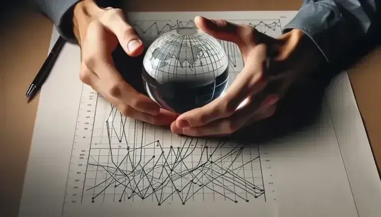 Hands cradling a crystal ball magnifying a complex, label-free graph chart on a desk, with blurred office supplies in the background.