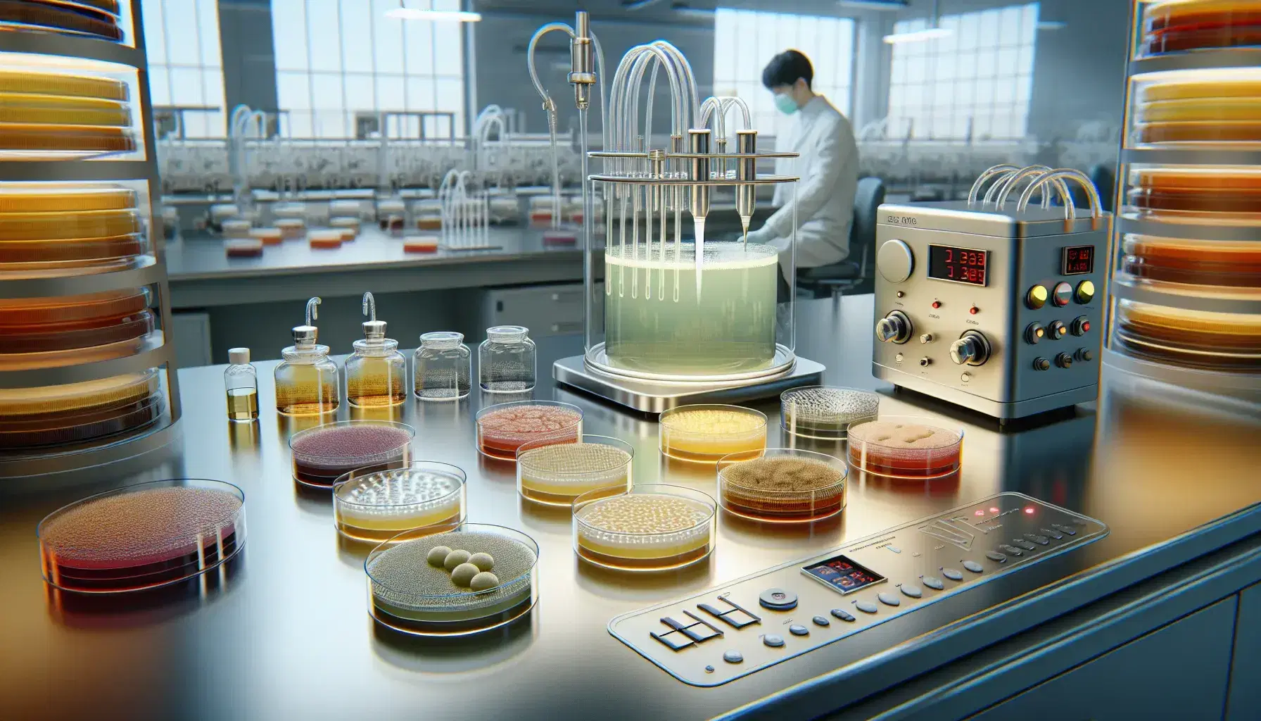 Modern food biotechnology lab with petri dishes on a steel bench, a bioreactor with green liquid, and a scientist pipetting a purple solution.