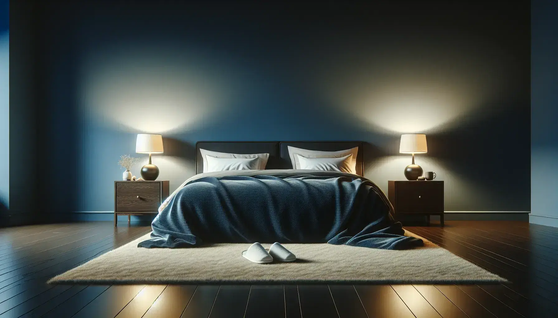 Serene bedroom at night with a neatly made bed, white sheets, navy comforter, wooden nightstands, soft lamps, and moonlight streaming through an open window.