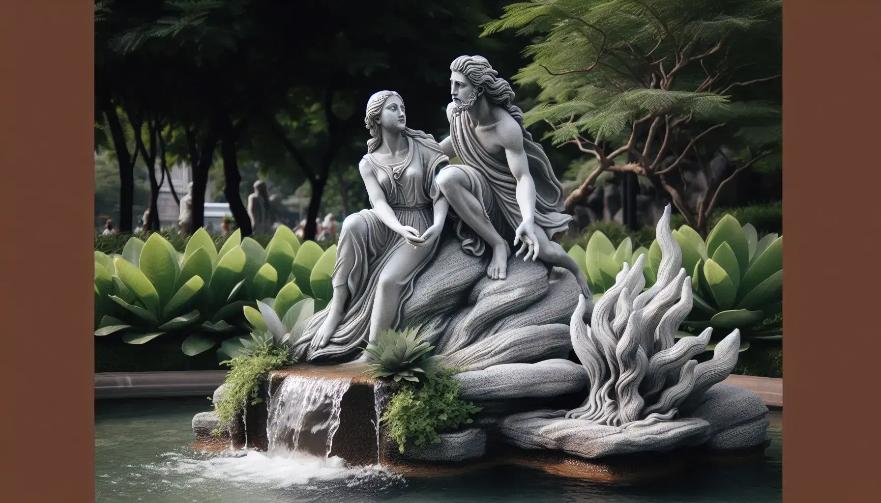 Escultura de piedra de pareja emergiendo de fuente de agua, mujer de pie y hombre ascendiendo, rodeados de vegetación verde bajo cielo azul claro.