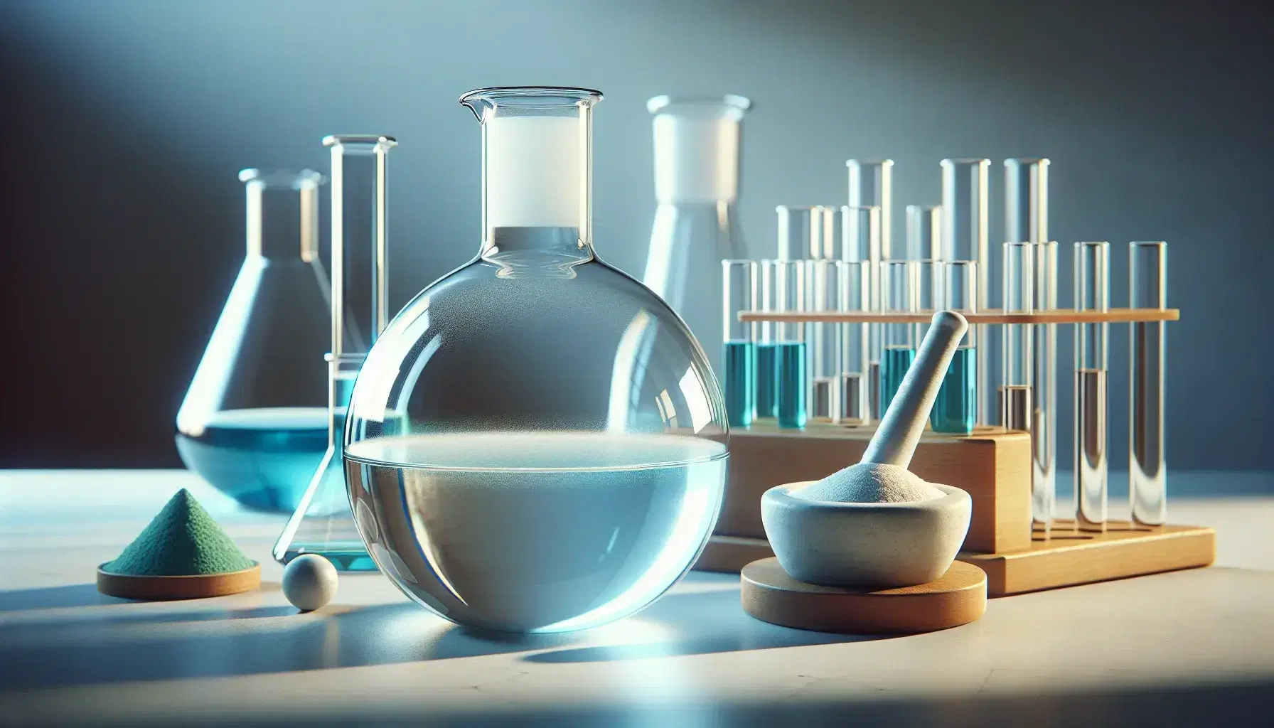 Chemical laboratory with round bottom flask, test tubes with colored liquids, mortar with white powder, beaker and lit burner.