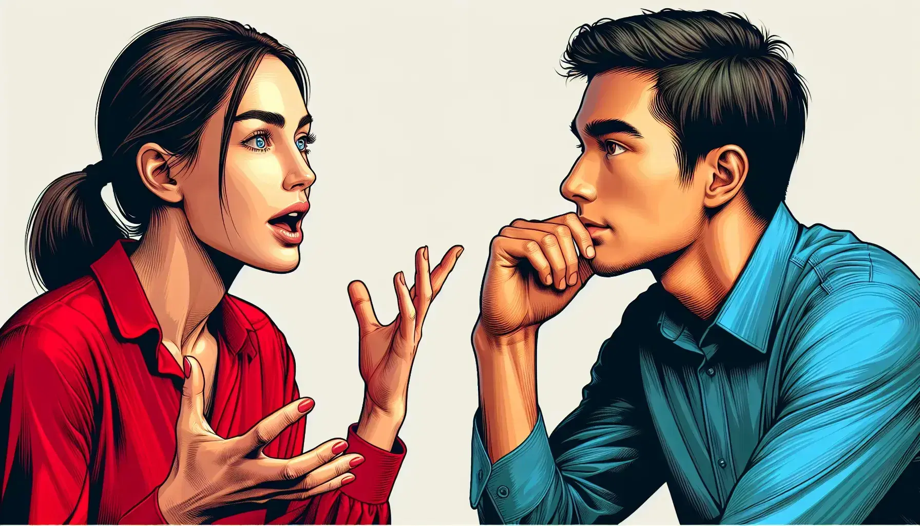 Close-up of an animated Caucasian woman with a ponytail speaking urgently to a pensive Asian man with curly hair, both in colorful casual attire.