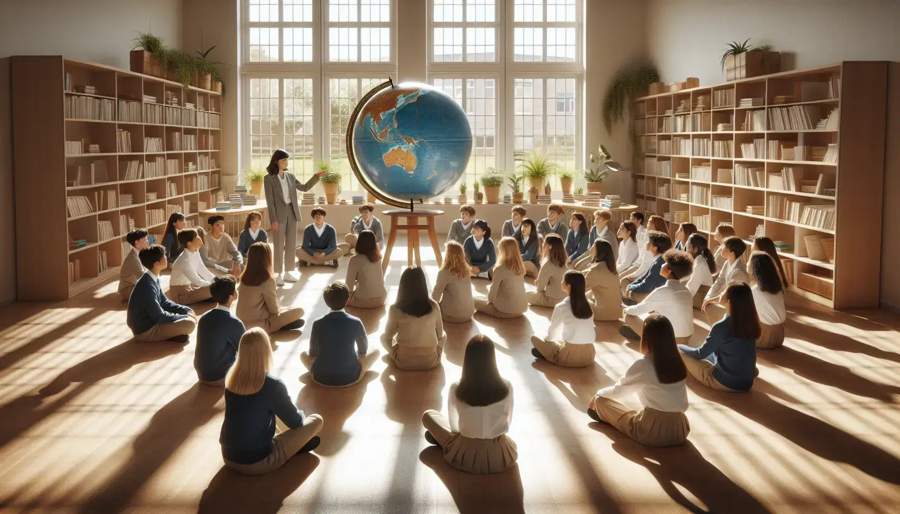 Grupo diverso de estudiantes en uniforme escolar atienden a profesor que señala un globo terráqueo en aula iluminada con luz natural, rodeados de estanterías con libros y plantas.