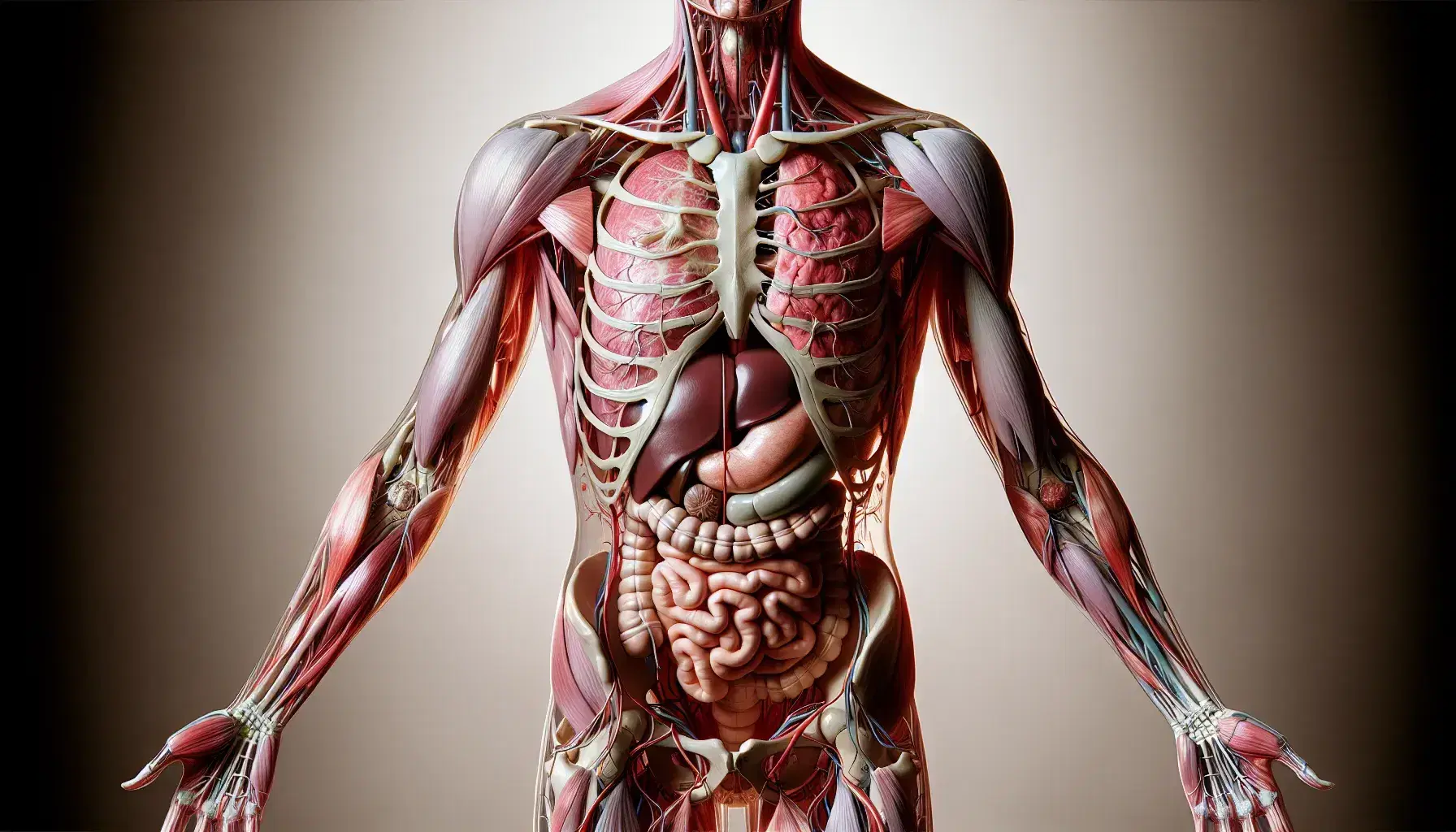 Corpo umano trasparente con organi interni visibili, muscoli in sfumature di rosso, scheletro bianco e sistema circolatorio con arterie rosse e vene blu.