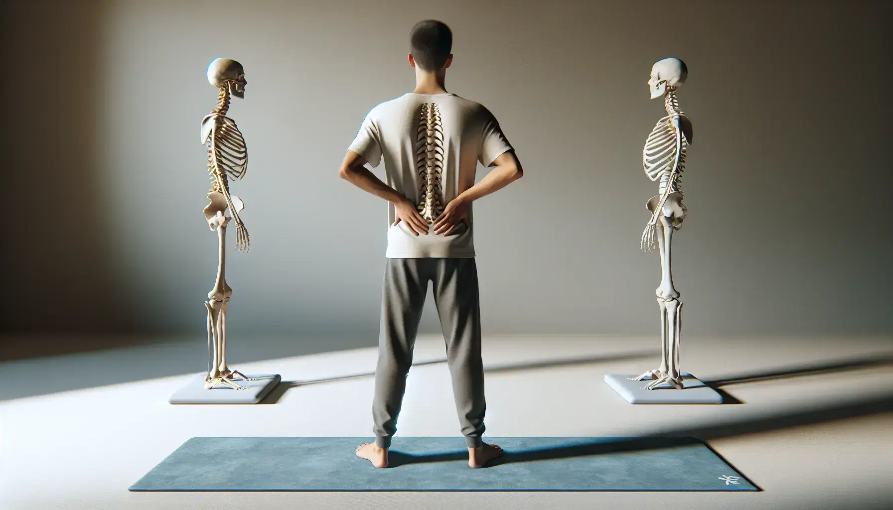 Persona de pie con manos en la zona lumbar, entre siluetas de columnas vertebrales y sobre una esterilla de yoga azul, fondo neutro.