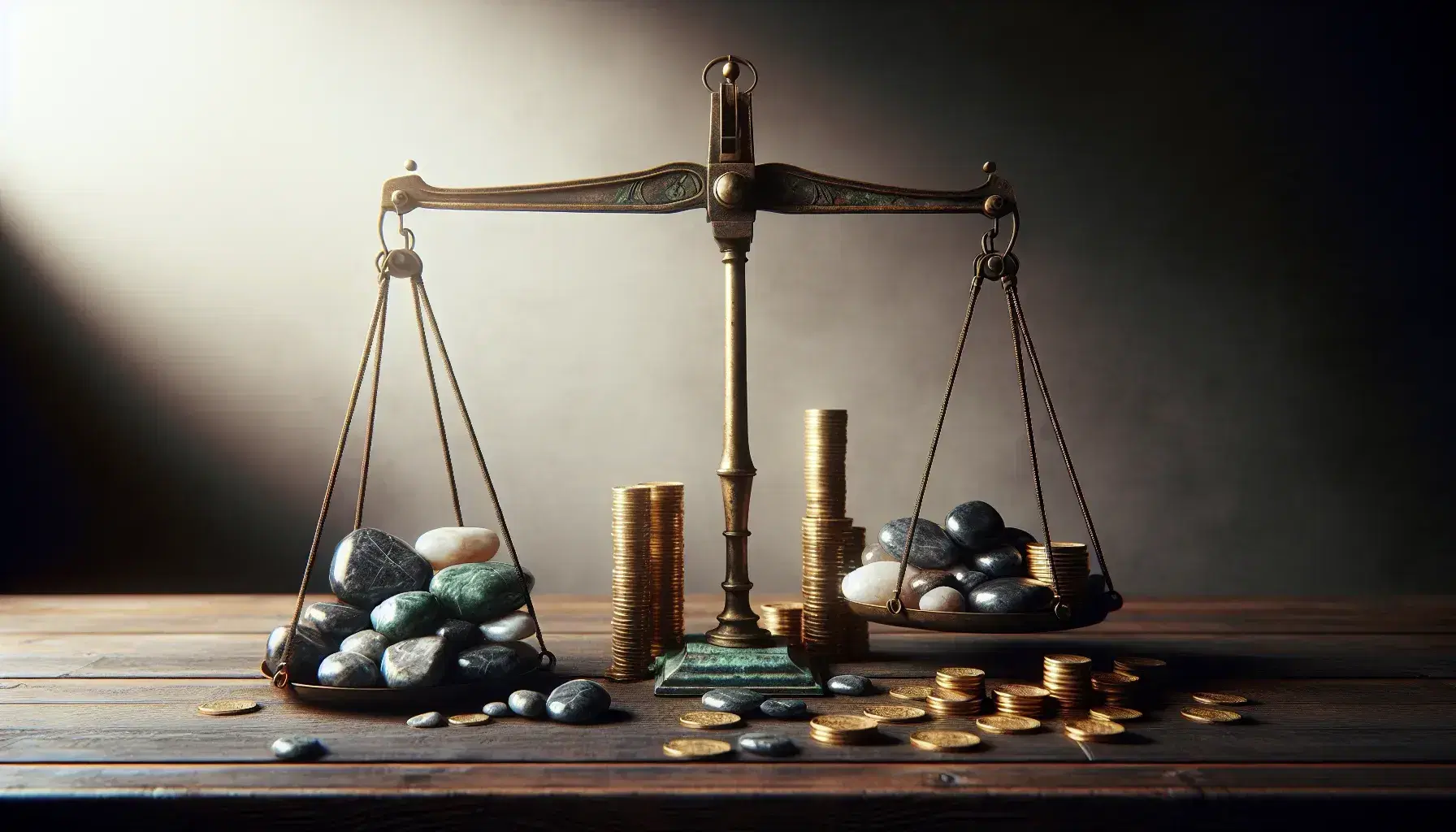 Balanza antigua de dos platos en equilibrio con piedras pulidas en un lado y monedas de oro en el otro, sobre mesa de madera oscura.