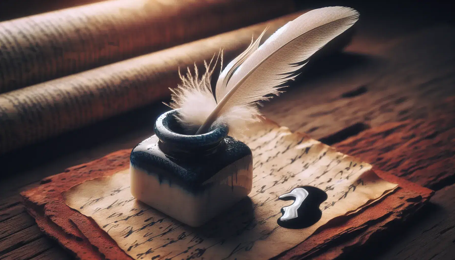 Pluma blanca de ave con punta manchada de tinta sumergida en tintero de porcelana oscuro sobre superficie de madera, con pergamino desenfocado al fondo.