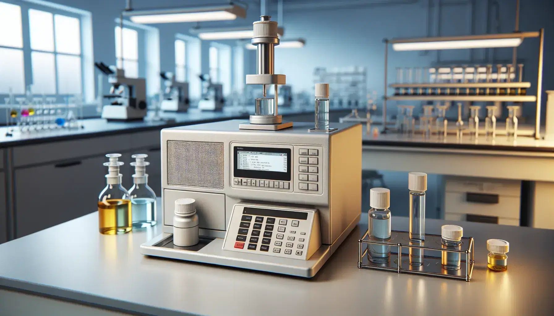 Espectrómetro infrarrojo de mesa en laboratorio científico con muestra en soporte metálico y frascos de líquidos coloridos al fondo.