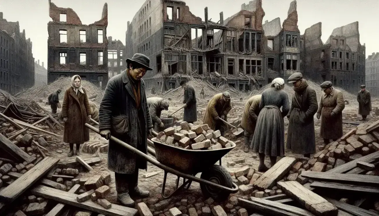 Post-WWII European city ruins with diverse people clearing debris, including an Asian man with a shovel and a woman with a wheelbarrow.