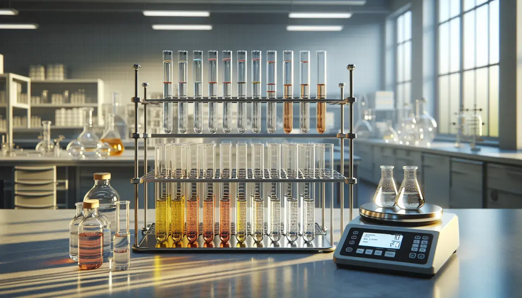 Provette in vetro trasparente con liquidi colorati su supporto metallico in laboratorio, bilancia analitica digitale in primo piano, luce naturale.