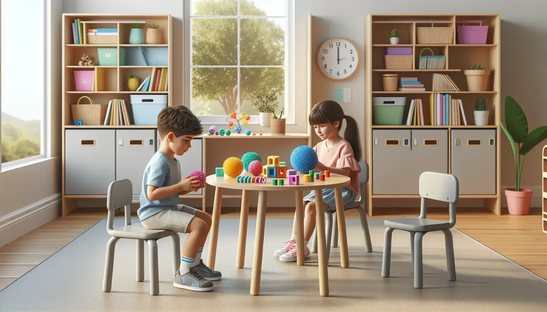 Aula luminosa con niños jugando, uno ensamblando piezas de construcción y otro con pelota texturizada, junto a estantería con libros y juguetes educativos.