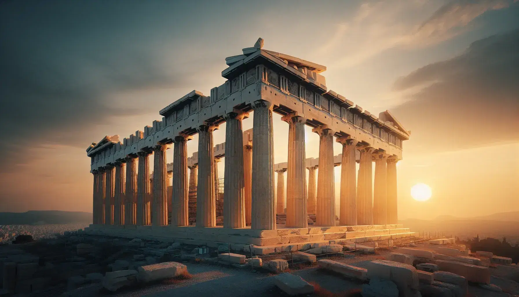 Tramonto dorato illumina il Partenone con colonne doriche su Acropoli di Atene, cielo sfumato da arancio a blu.
