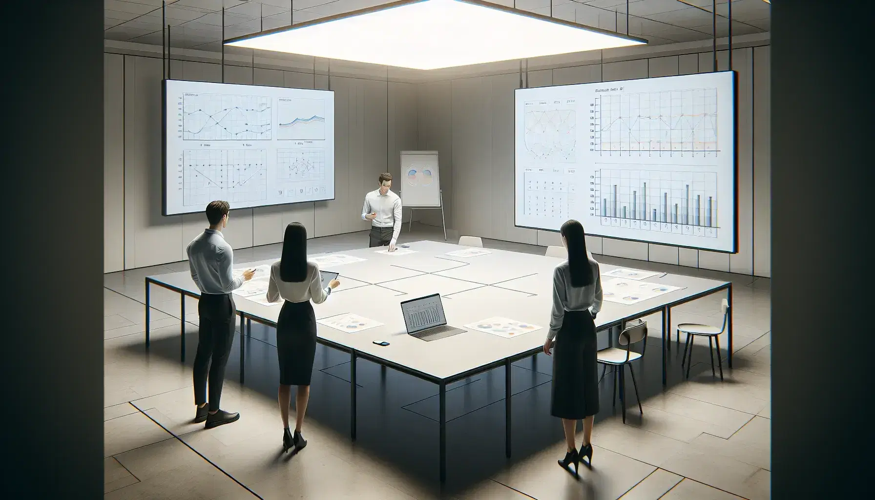 Tres profesionales colaborando en una reunión de trabajo, analizando datos en un portátil y tablet sobre una mesa blanca, con gráficos y un pizarrón al fondo.