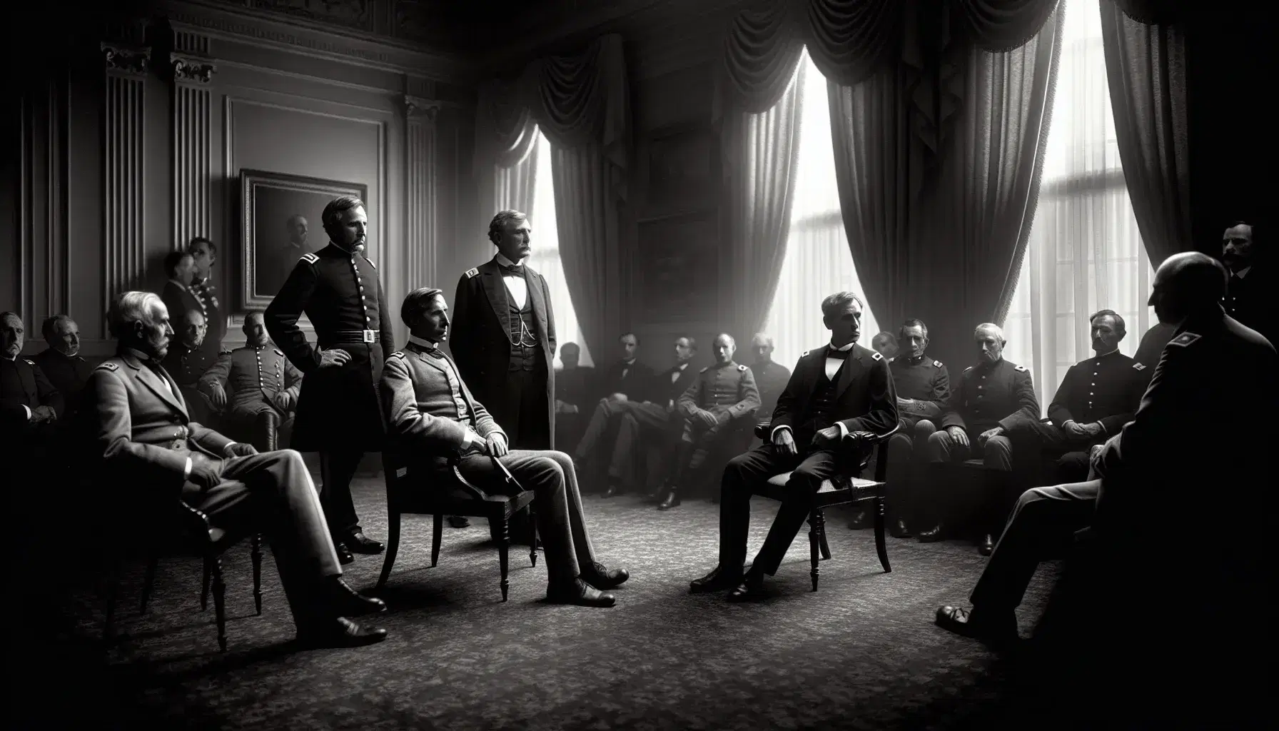 Historical black and white photo of three men in a meeting, one in military attire, flanked by two in suits, with onlookers in the background.