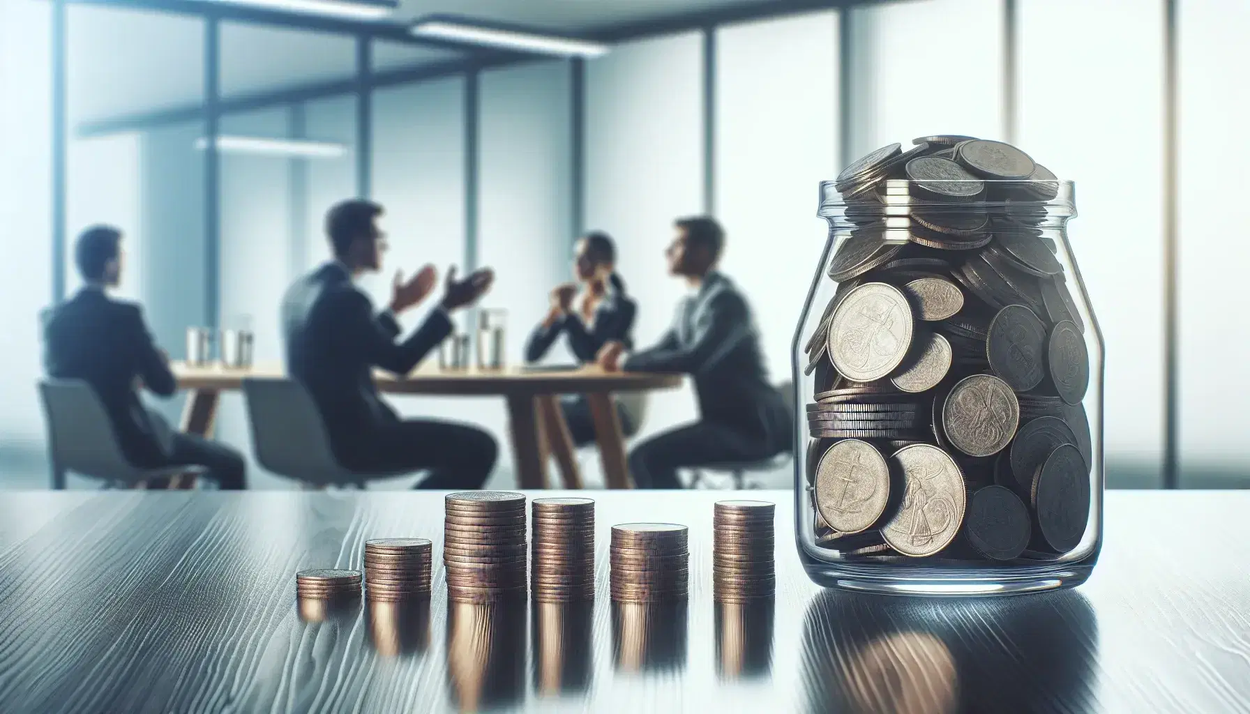 Organized office with a wooden desk displaying coin piles, a glass coin jar, and two professionals discussing at a round table by a city view window.