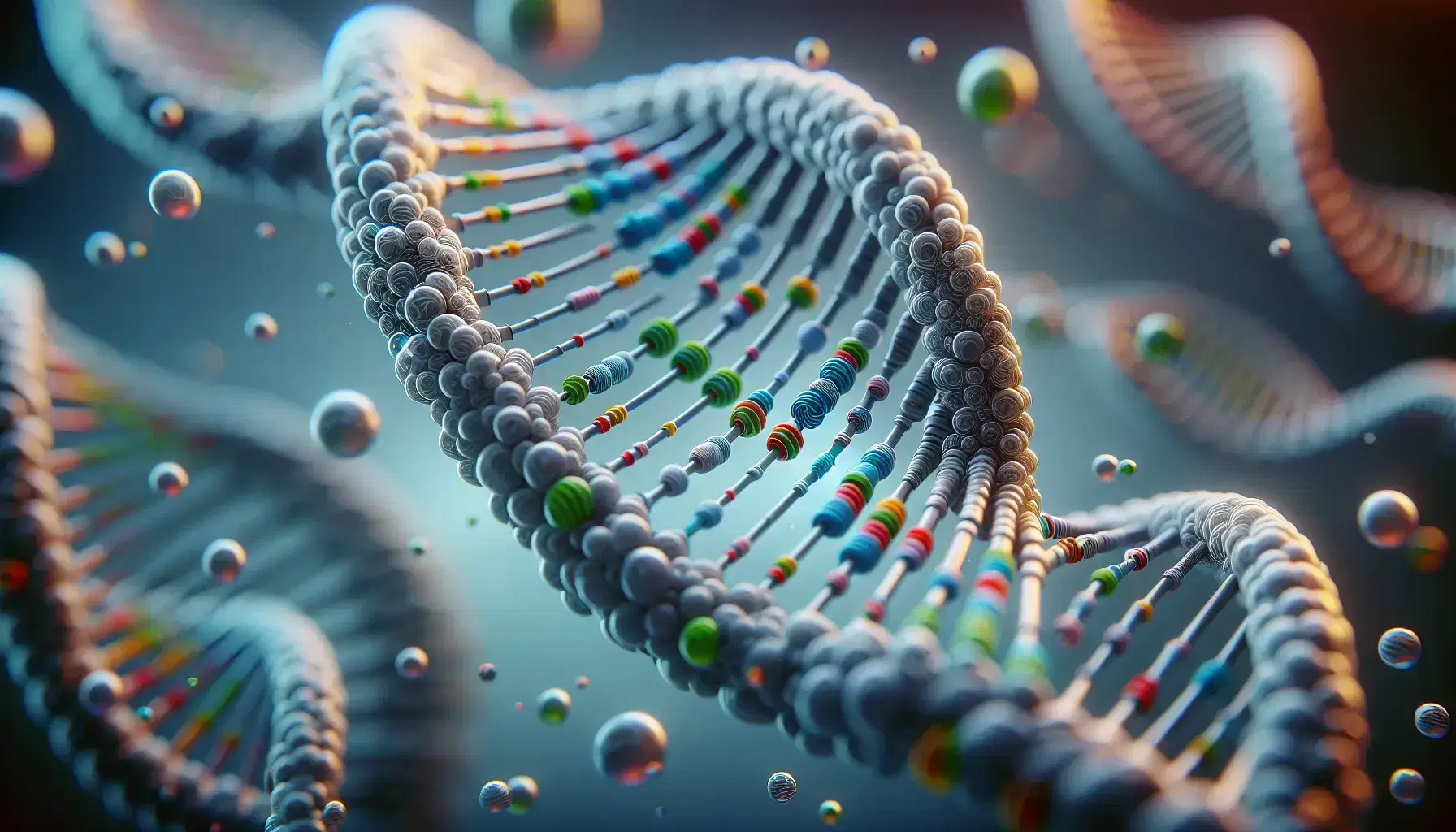 Detailed 3D DNA double helix with metallic strands and colorful base pairs, surrounded by small, muted-toned shapes against a soft-focus laboratory backdrop.