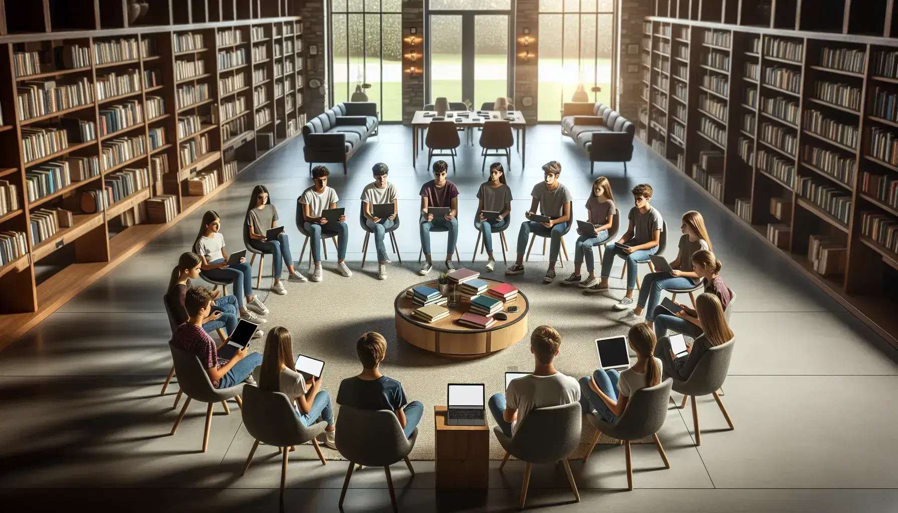 Gruppo di studenti seduti in cerchio su sedie moderne in biblioteca luminosa con dispositivi elettronici al centro e libri sui ripiani.
