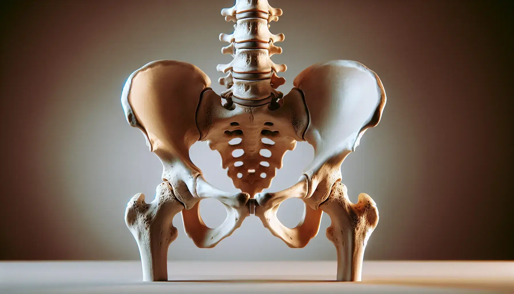 Esqueleto humano en posición vertical mostrando un pelvis óseo detallado con coxales y sacro, sin tejidos blandos, ideal para estudios anatómicos.