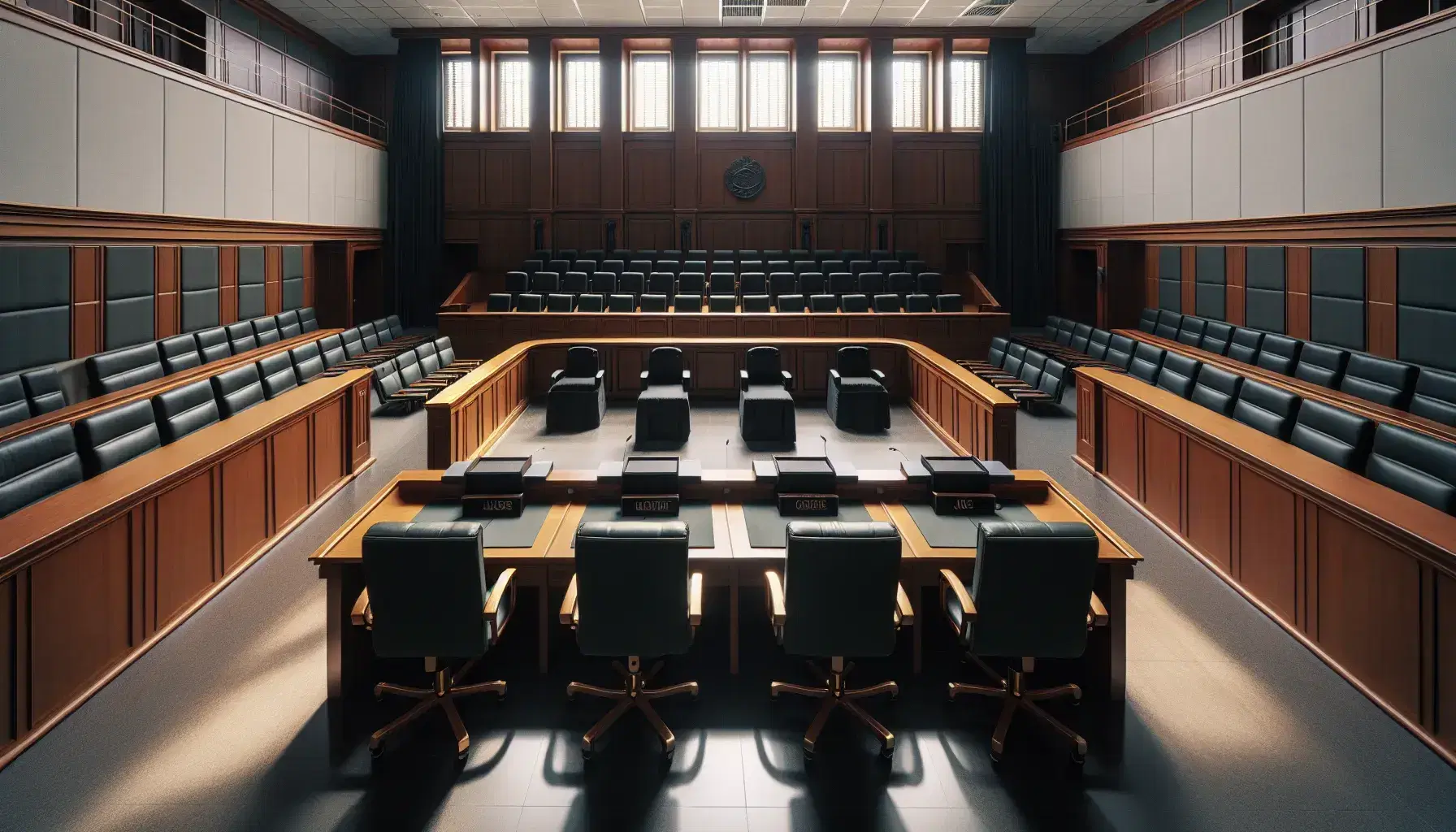 Aula vuota e silenziosa del Tribunale Amministrativo Regionale con banco giudici in tessuto verde scuro, sedie vuote, banchi legno per avvocati e posti pubblico.
