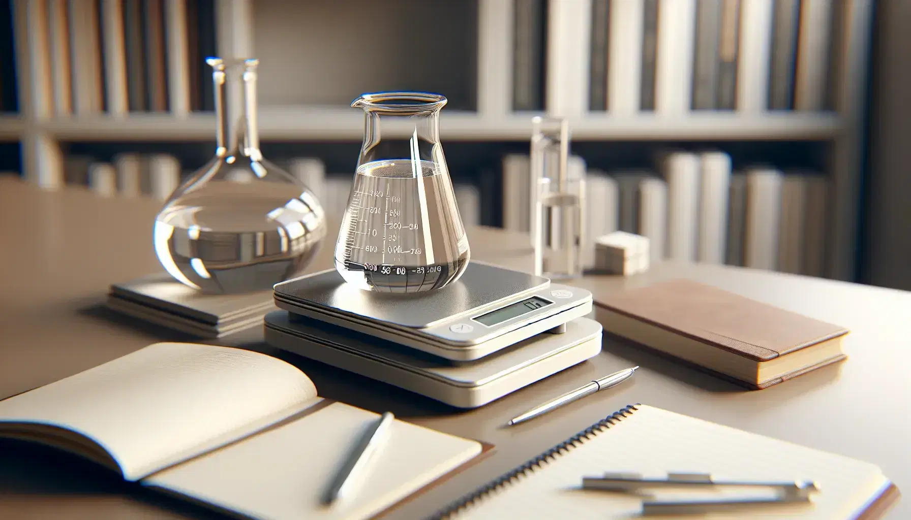 Tidy desk with precision digital scale and unidentified object on top, beaker with liquid and open notebook without writing.