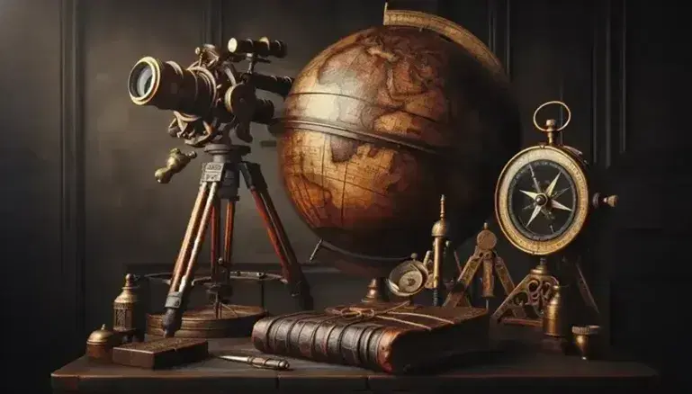 Antique collection with carved wooden globe, rusty sextant, leather diary, brass telescope and bronze compass on dark surface.