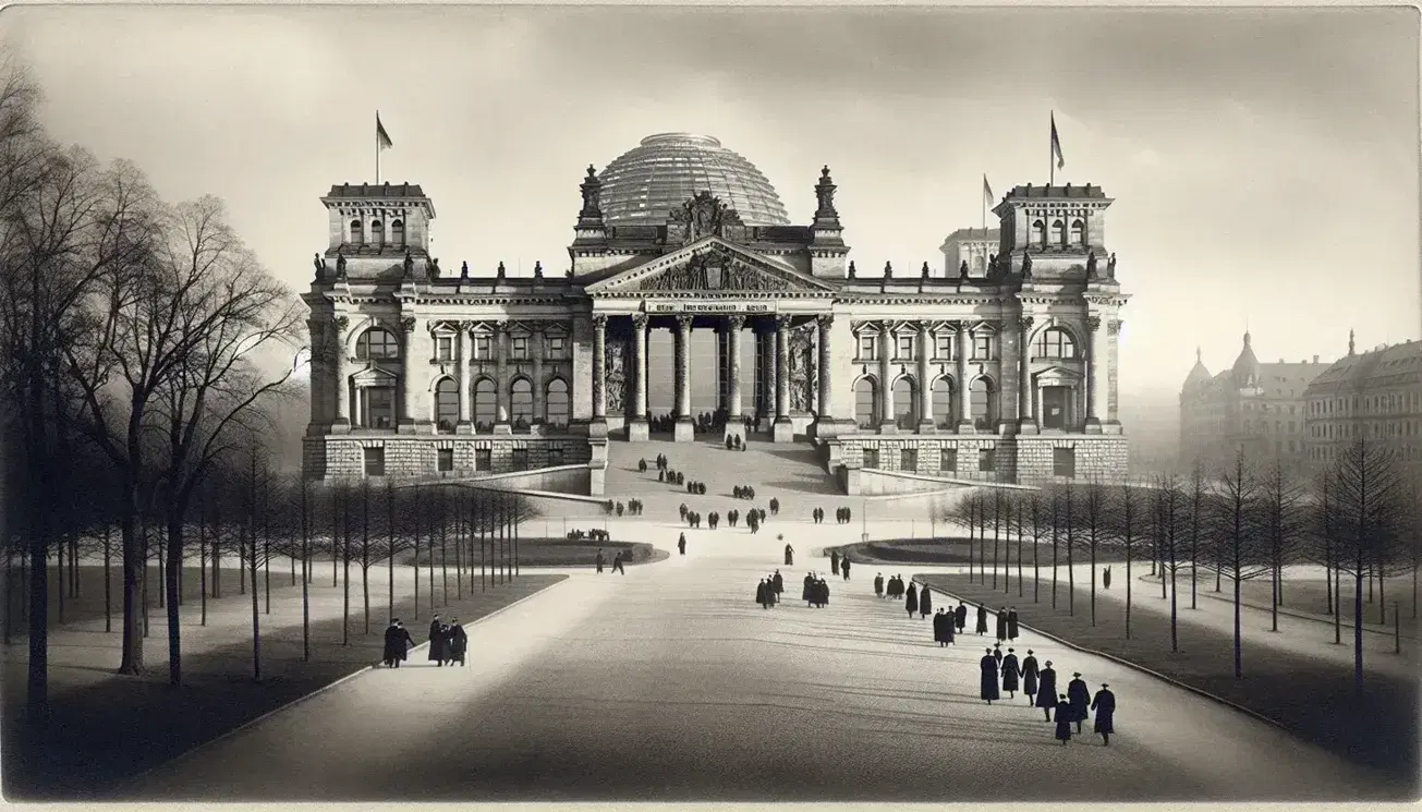 Reichstag di Weimar negli anni '20, architettura imponente con colonne e scalinata, attività umana lieve, alberi spogli e cielo nuvoloso.