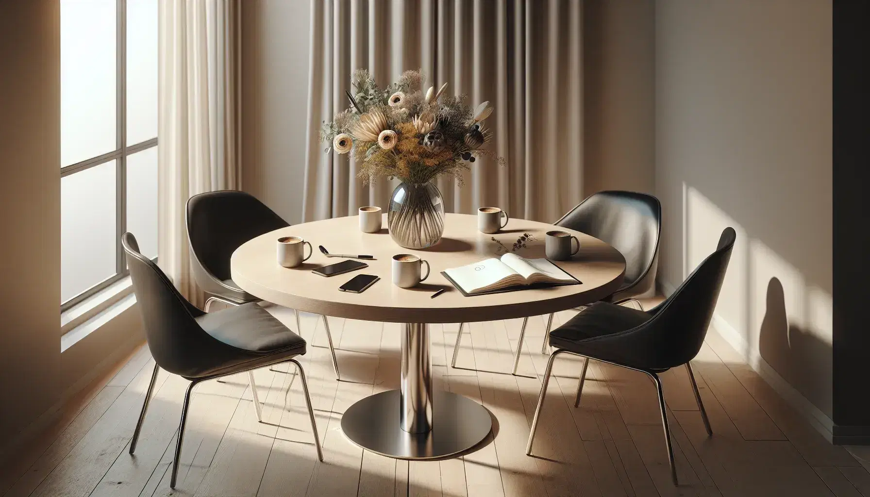 Mesa redonda de madera clara con cuatro sillas contemporáneas negras, teléfonos móviles, cuaderno abierto con bolígrafo y tazas de café junto a un jarrón con flores frescas en una habitación iluminada.