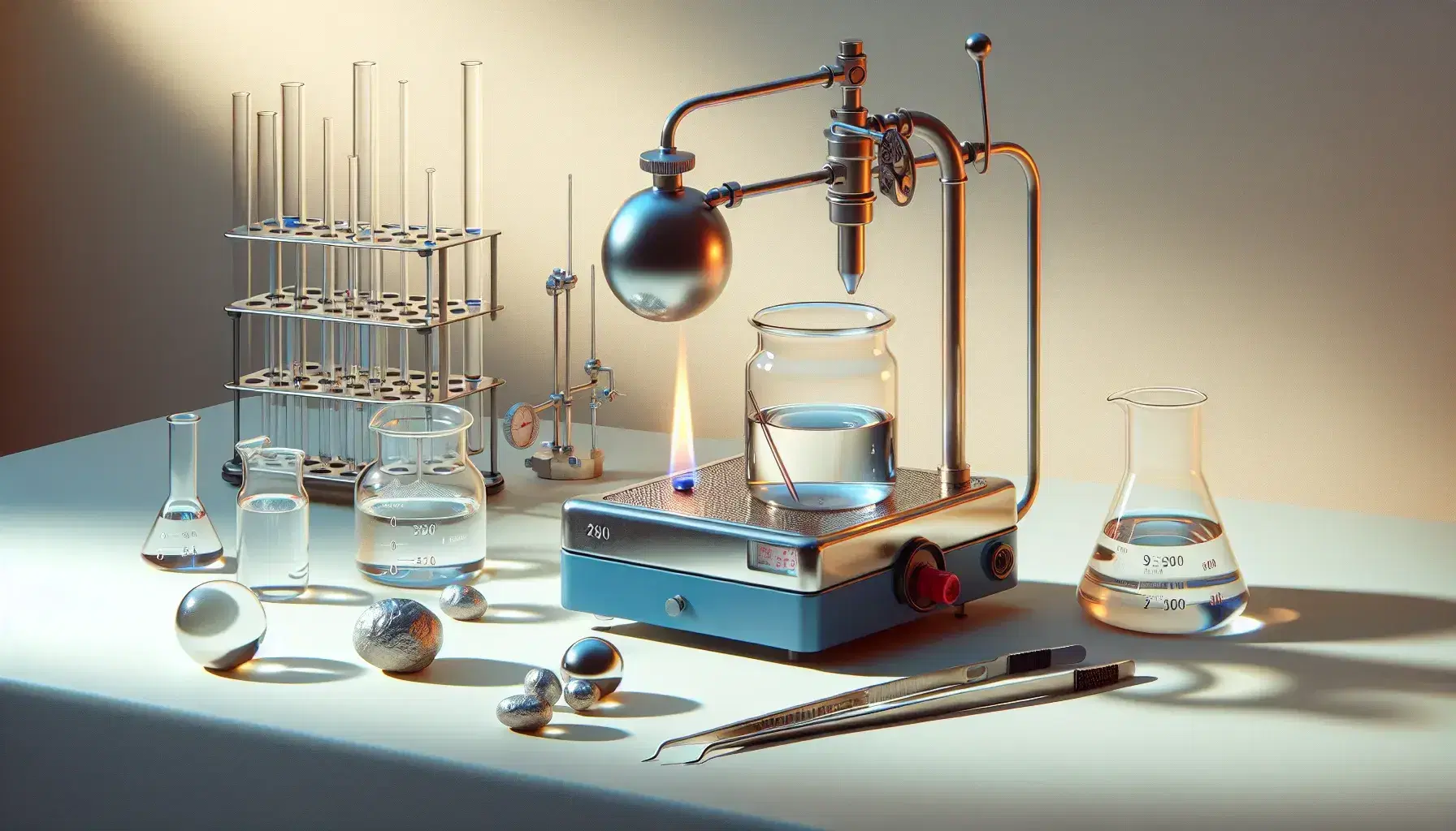 Calorimetry laboratory with metal calorimeter and thermometer, blue Bunsen burner, tongs and transparent beakers on neutral table.