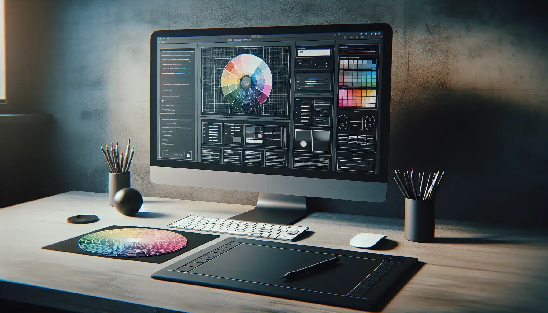 Modern workspace of a web designer with monitor, graphics tablet, keyboard, mouse and color palette, surrounded by green plants.