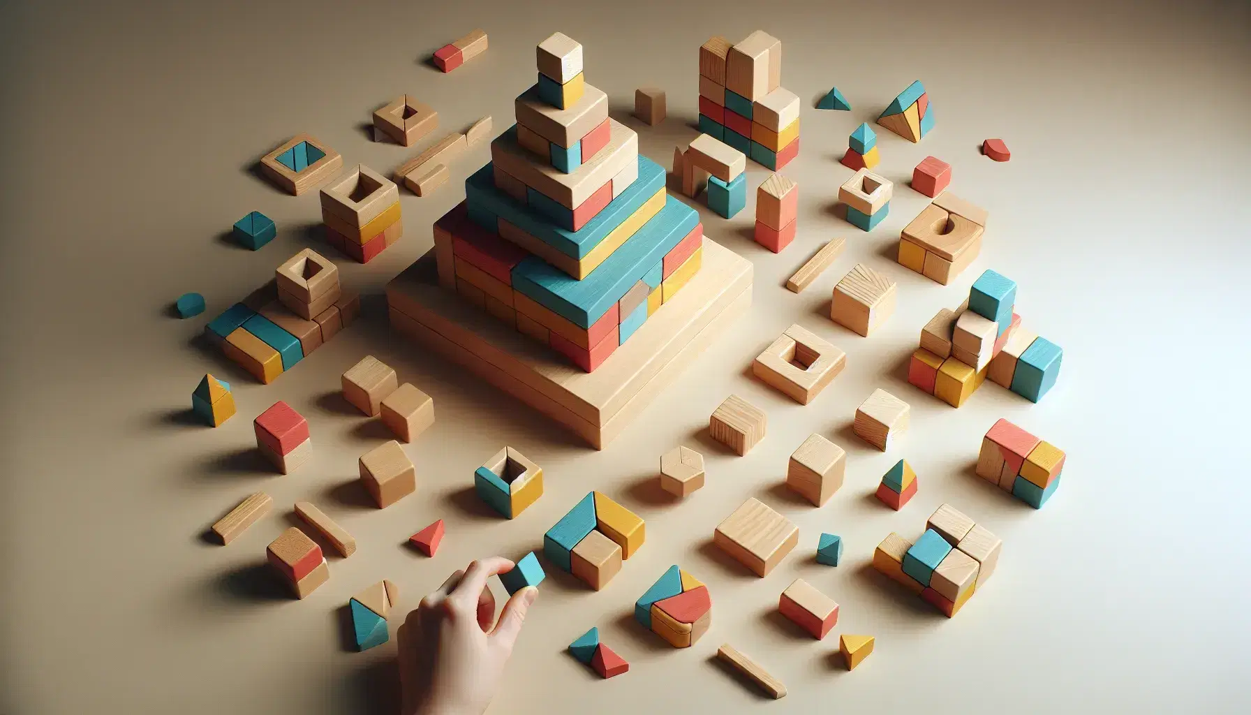 Bloques de madera geométricos de colores formando una torre, con una mano humana añadiendo un cubo azul, sobre superficie clara.