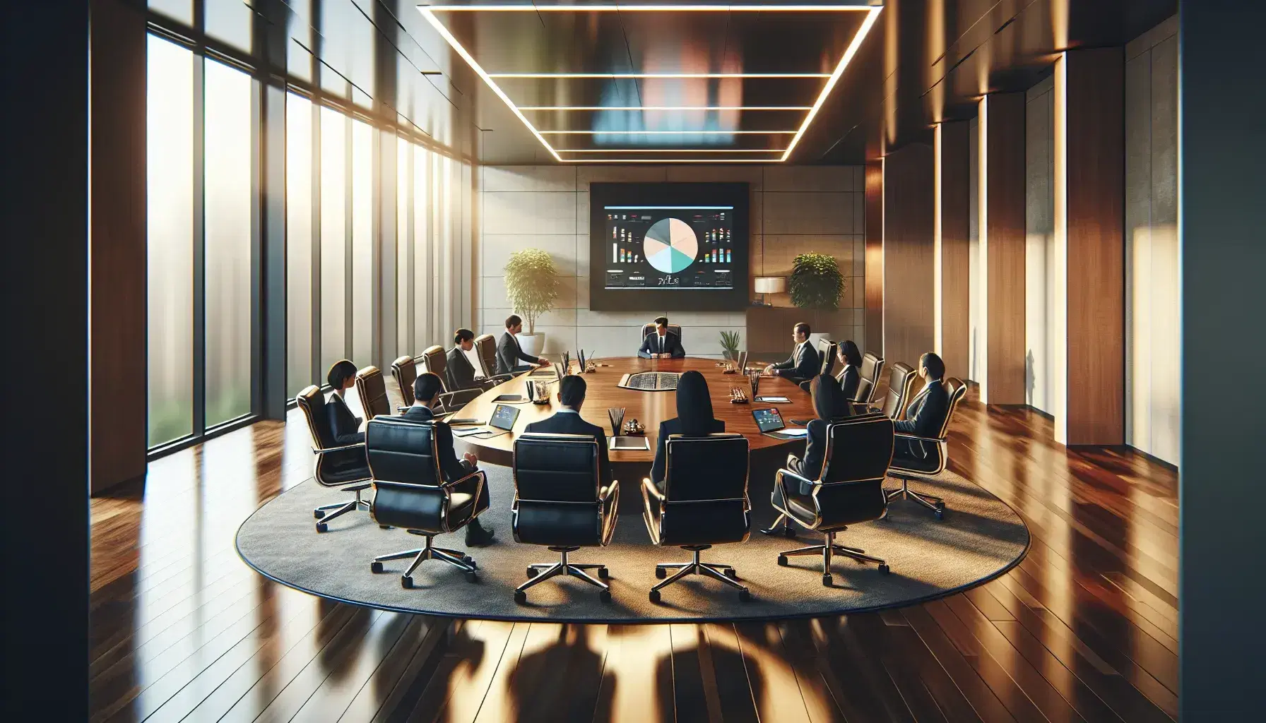 Diverse corporate team engaged in a meeting around an oval table with tablets and pens, in a well-lit boardroom with large windows and a potted plant.