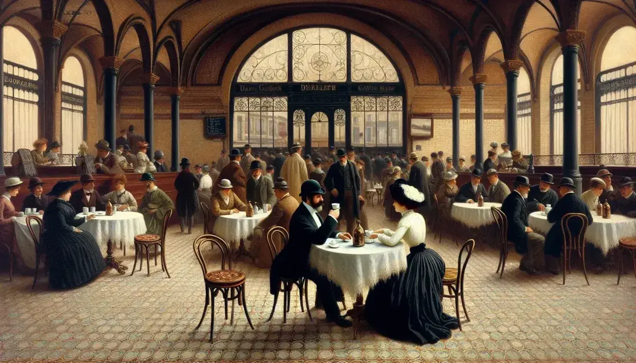 Late 19th-century French café scene with patrons conversing, featuring a round table with porcelain cups and wrought iron chairs, set against a backdrop of exposed brick walls and arch windows.