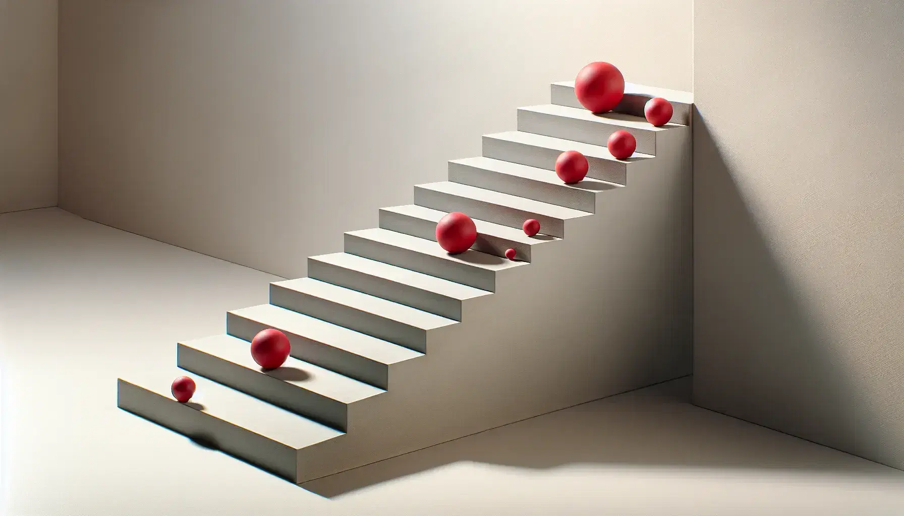 Concrete staircase with evenly spaced red rubber balls ascending from bottom to top, casting soft shadows against a plain white background.