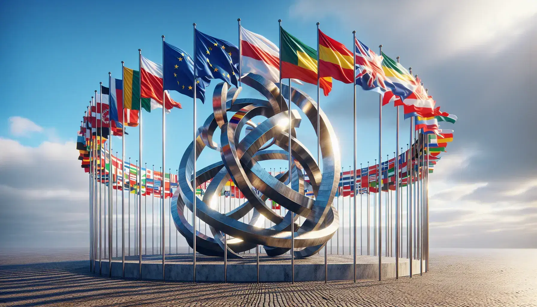Bandiere nazionali dell'Unione Europea ondeggianti in cerchio con scultura centrale di anelli intrecciati che simboleggiano unità su base di pietra, sotto un cielo azzurro.