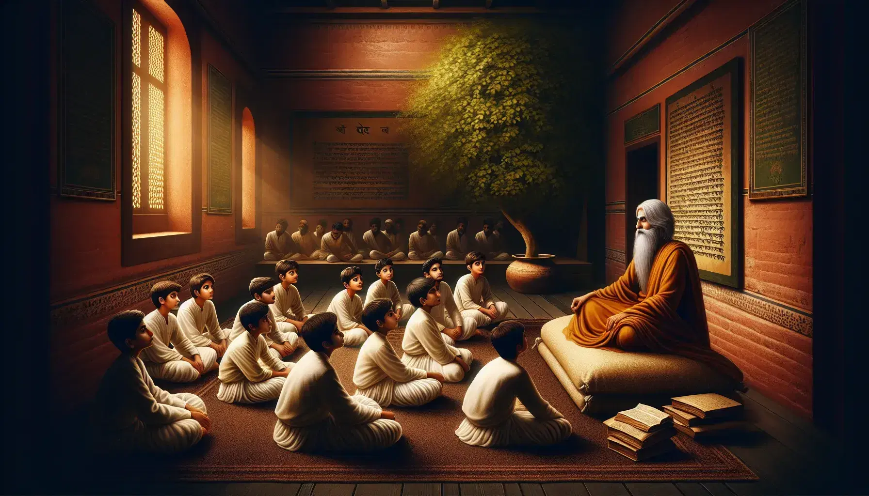Scena di gurukul tradizionale con studenti in abiti bianchi e maestro anziano in toga ocra che insegna da un manoscritto antico, in ambiente austero con luce calda.