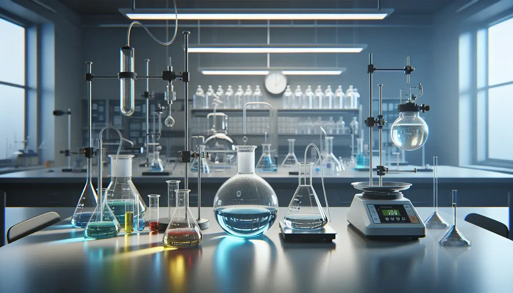 Laboratorio de química con matraces Erlenmeyer de líquidos coloridos, condensador de reflujo y balanza analítica, con un científico trabajando al fondo.