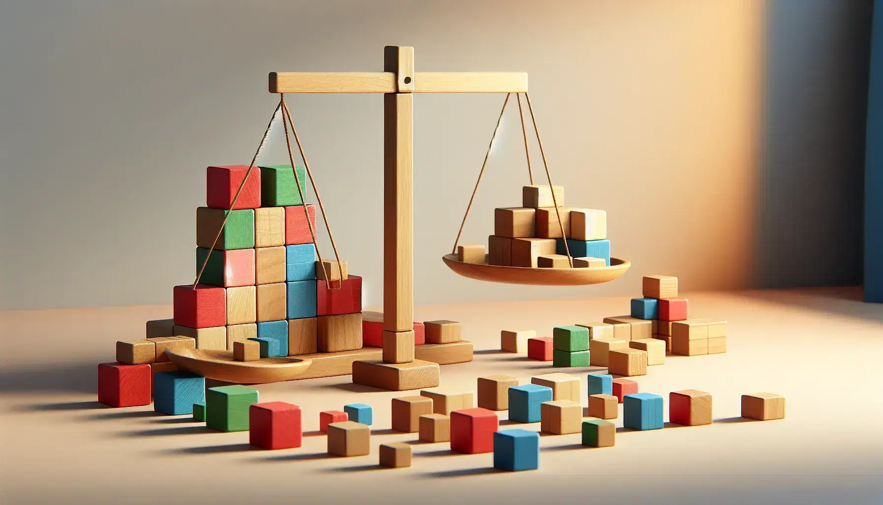 Bloques de construcción de madera en colores y tamaños variados con balanza equilibrada en el centro, sobre superficie lisa.